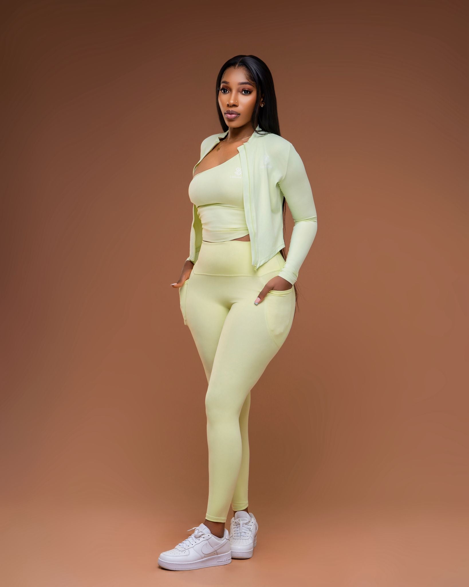3-Piece Set (Leggings, one arm Crop Top, Jacket)