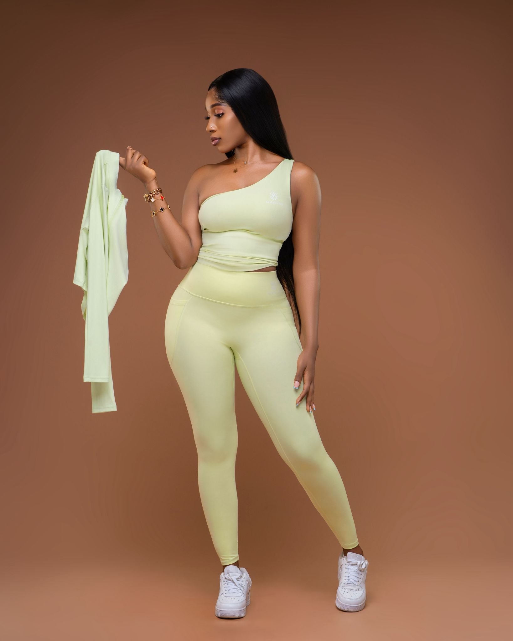 3-Piece Set (Leggings, one arm Crop Top, Jacket)