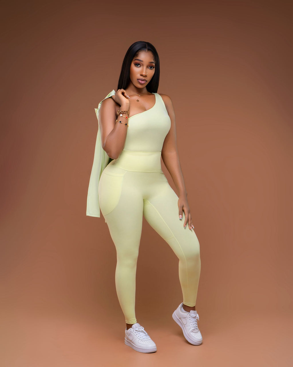 3-Piece Set (Leggings, one arm Crop Top, Jacket)